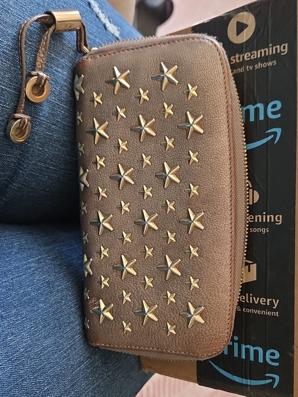 Jimmy Choo Brown Leather Zip-Around Wallet with Gold Star Studs With COA